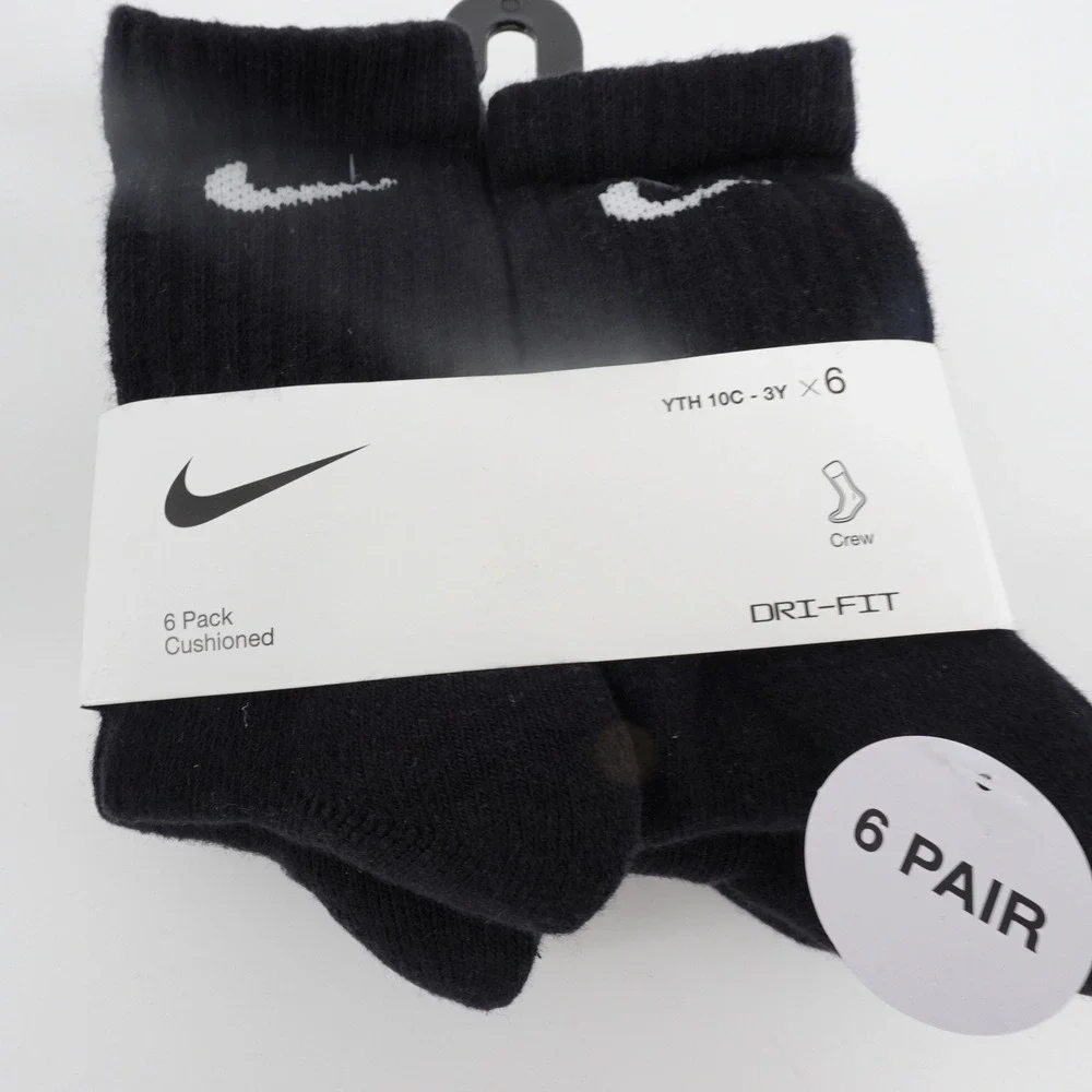 Nike Kids Two 6 Packs Dri-FIT Everyday Cushioned Crew Socks Black XS NEW